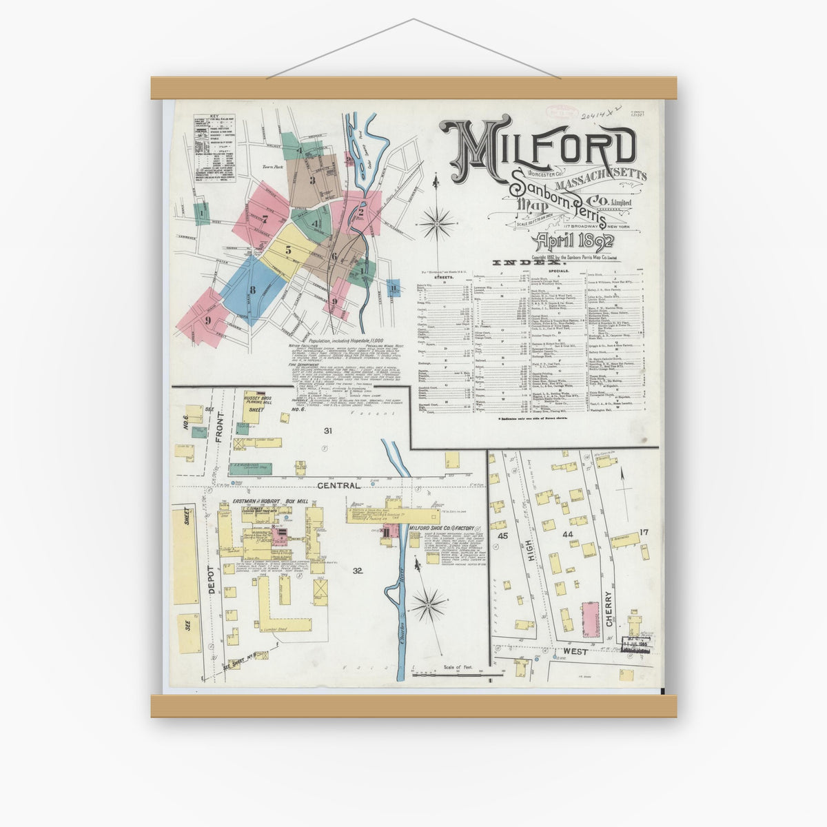 Old map wall art mockup — magnetic wood frame on white wall — Sanborn Fire Insurance Map from Milford, Worcester County, Massachusetts (1892) - Complete Map Set