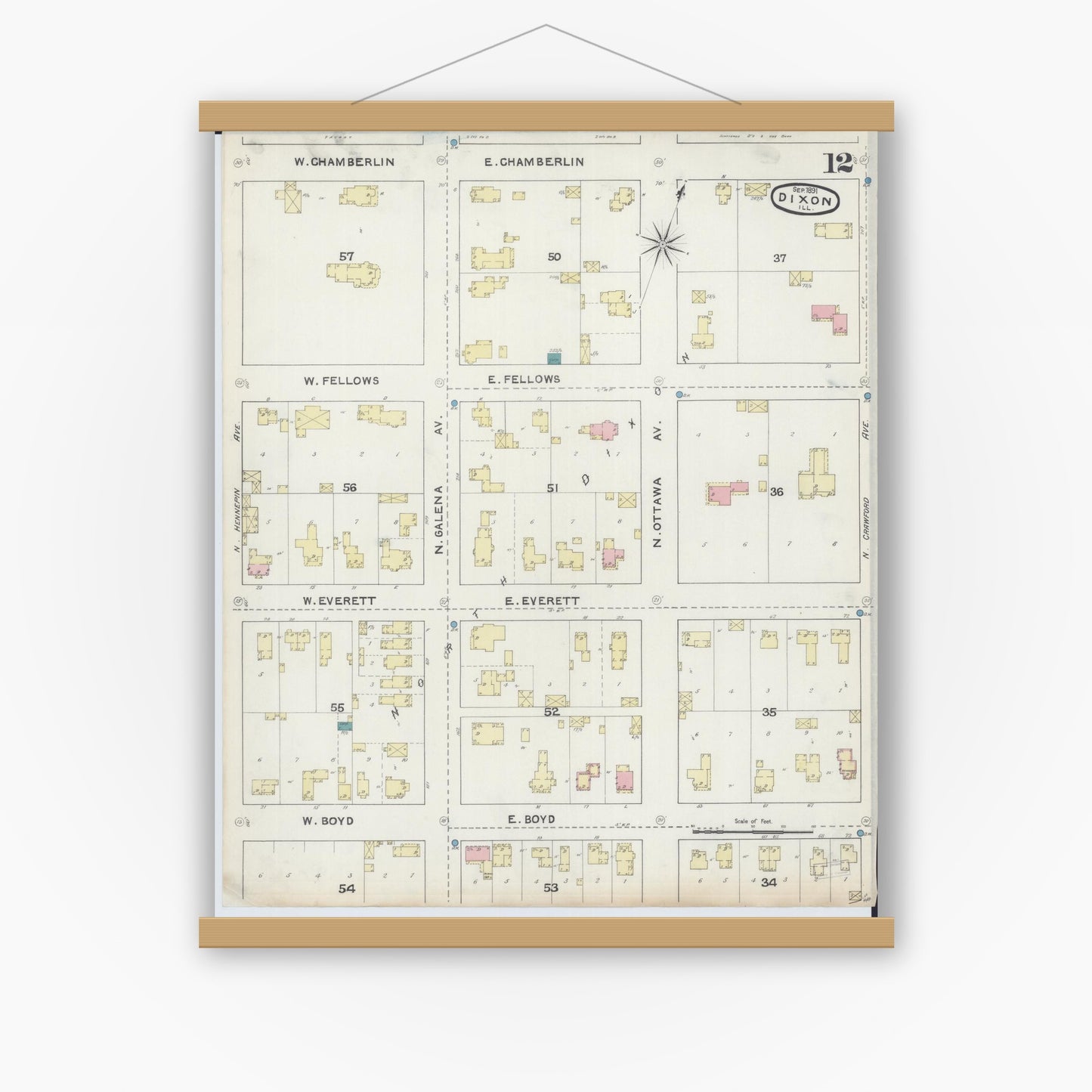 Old map wall art mockup — magnetic wood frame on white wall — Sanborn Fire Insurance Map from Dixon, Lee County, Illinois (1891), Sheet #0012