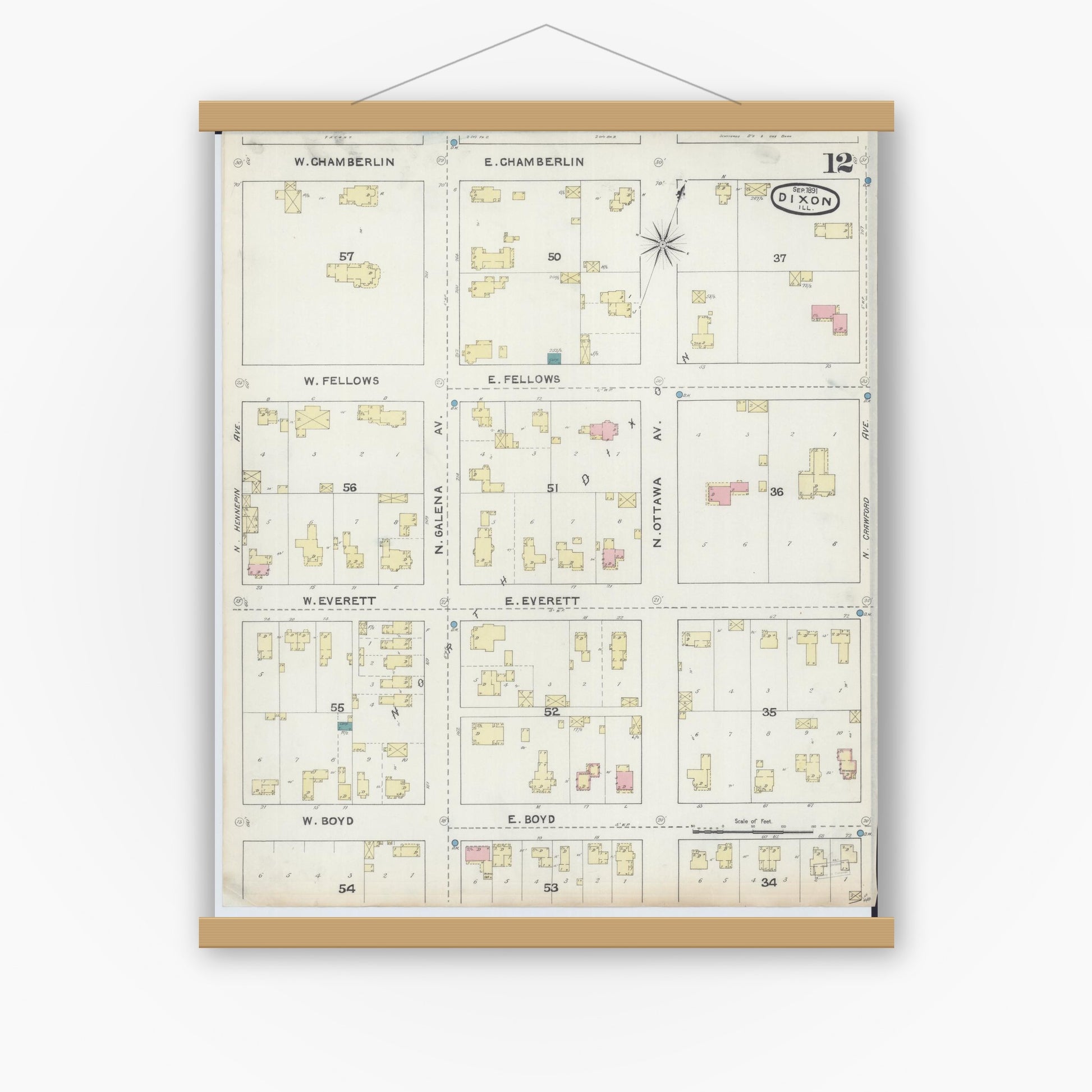 Old map wall art mockup — magnetic wood frame on white wall — Sanborn Fire Insurance Map from Dixon, Lee County, Illinois (1891), Sheet #0012