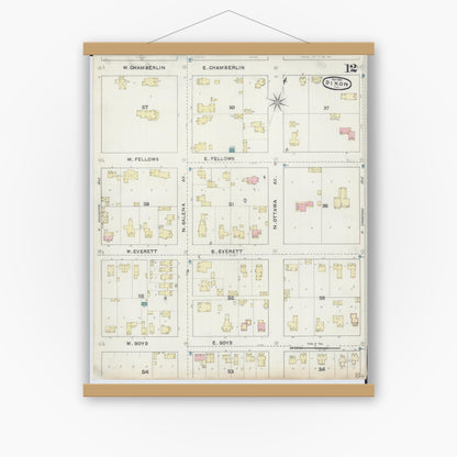 Old map wall art mockup — magnetic wood frame on white wall — Sanborn Fire Insurance Map from Dixon, Lee County, Illinois (1891), Sheet #0012