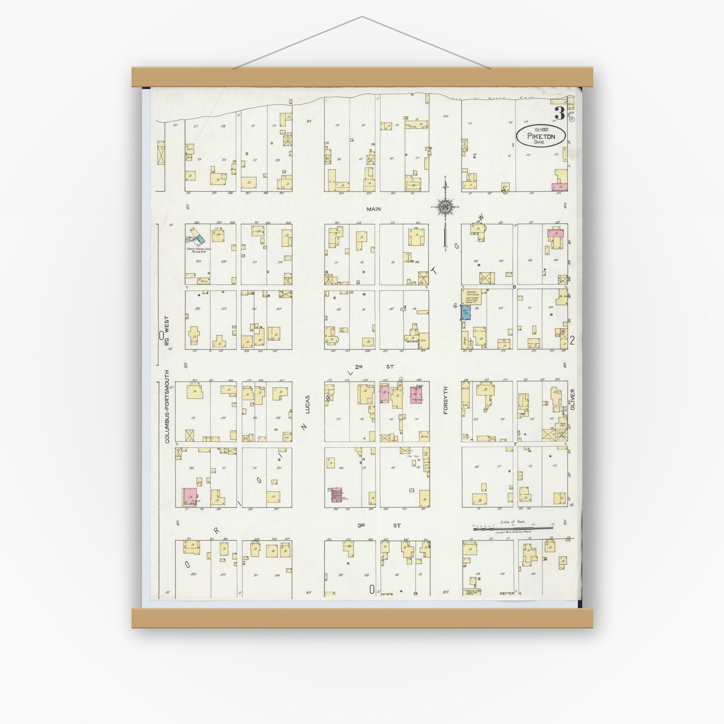 Old map wall art mockup — magnetic wood frame on white wall — Sanborn Fire Insurance Map from Piketon, Pike County, Ohio (1921), Sheet #0003