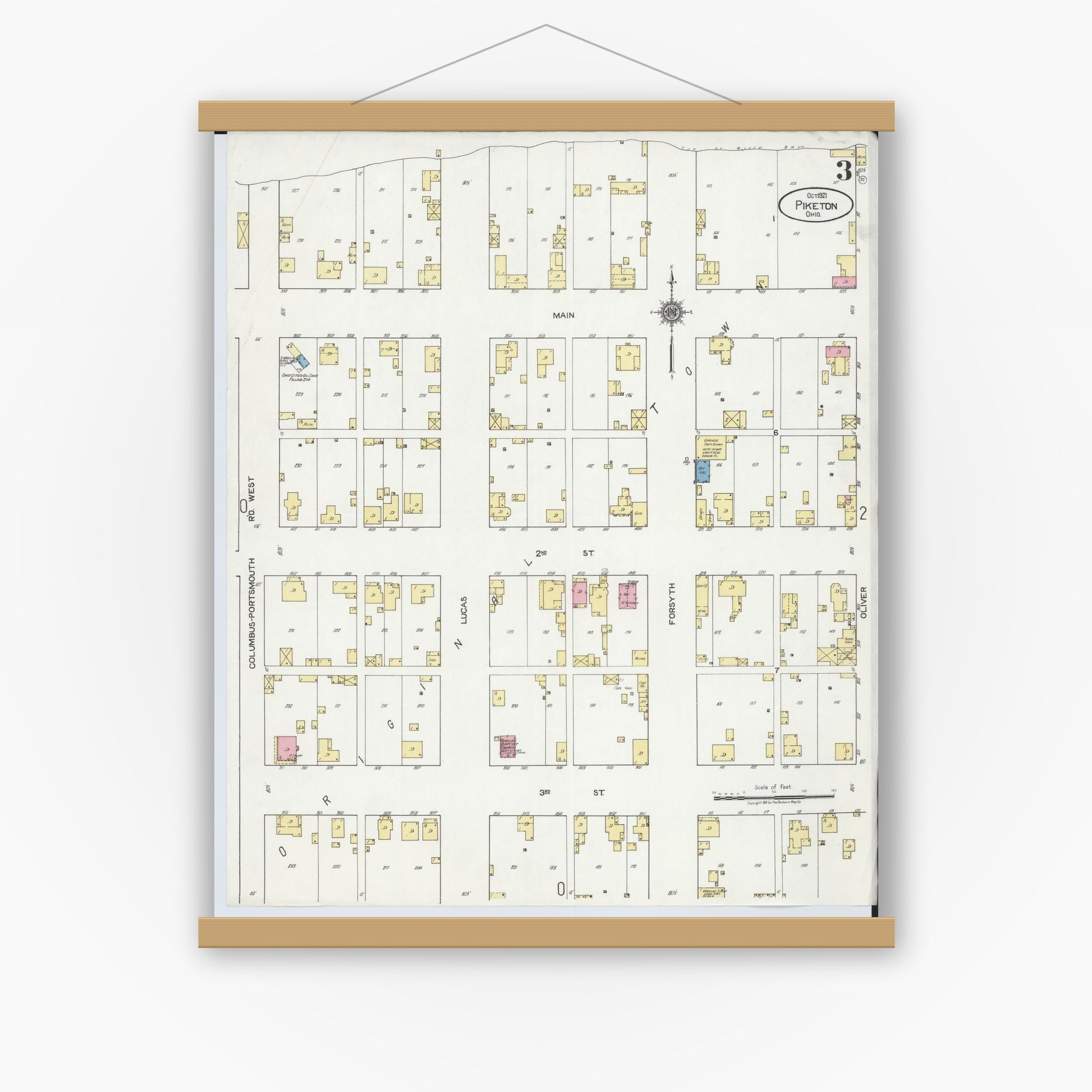 Old map wall art mockup — magnetic wood frame on white wall — Sanborn Fire Insurance Map from Piketon, Pike County, Ohio (1921), Sheet #0003