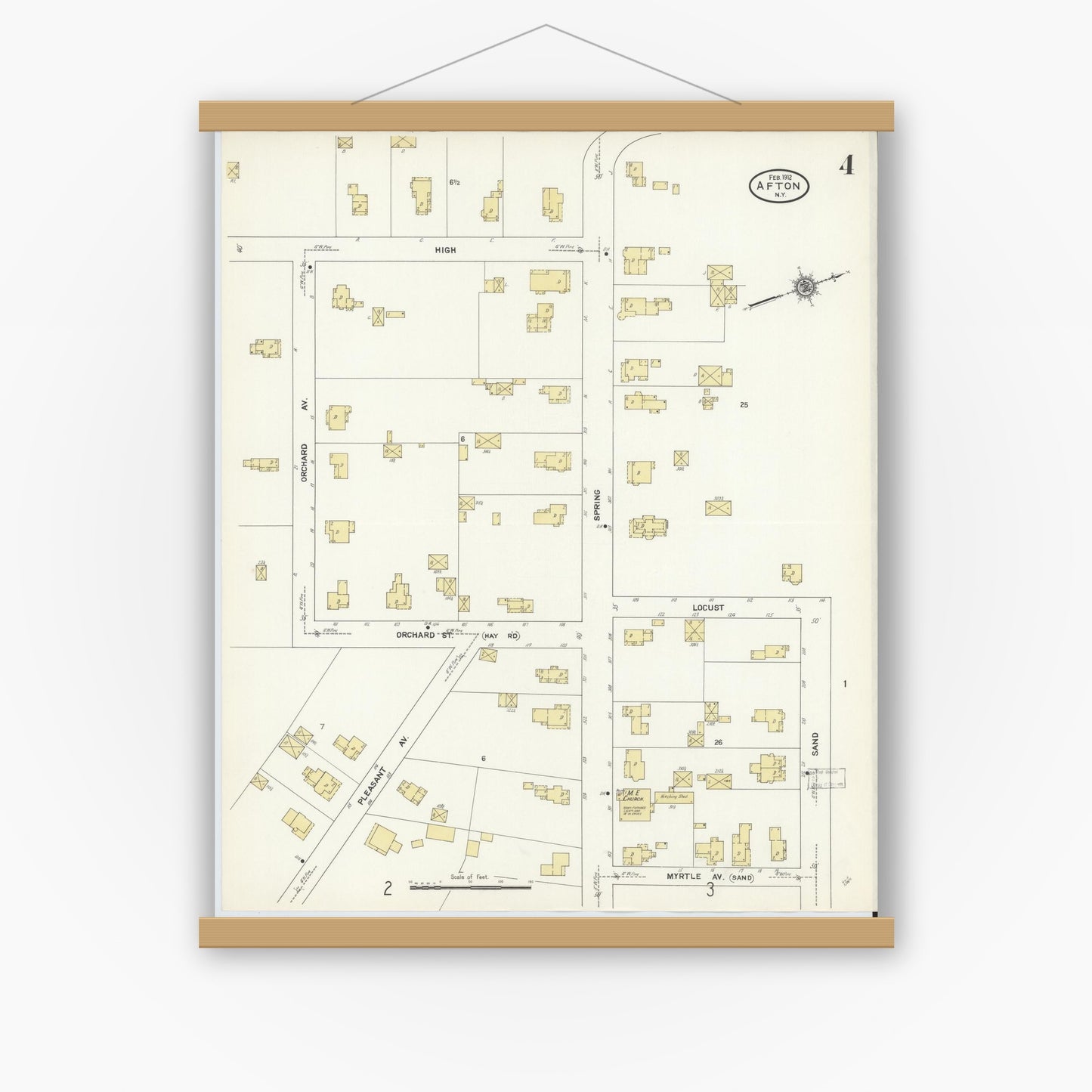 Old map wall art mockup — magnetic wood frame on white wall — Sanborn Fire Insurance Map from Afton, Chenango County, New York (1912), Sheet #0004