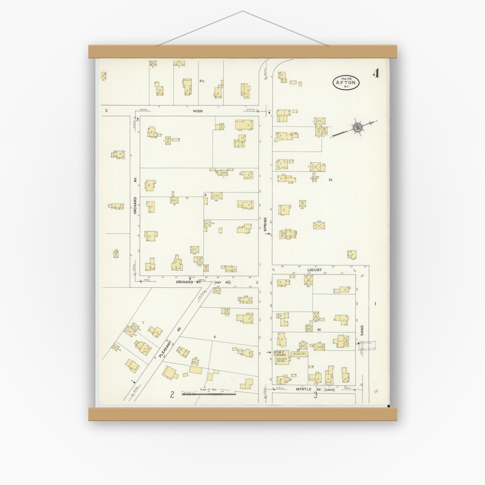 Old map wall art mockup — magnetic wood frame on white wall — Sanborn Fire Insurance Map from Afton, Chenango County, New York (1912), Sheet #0004