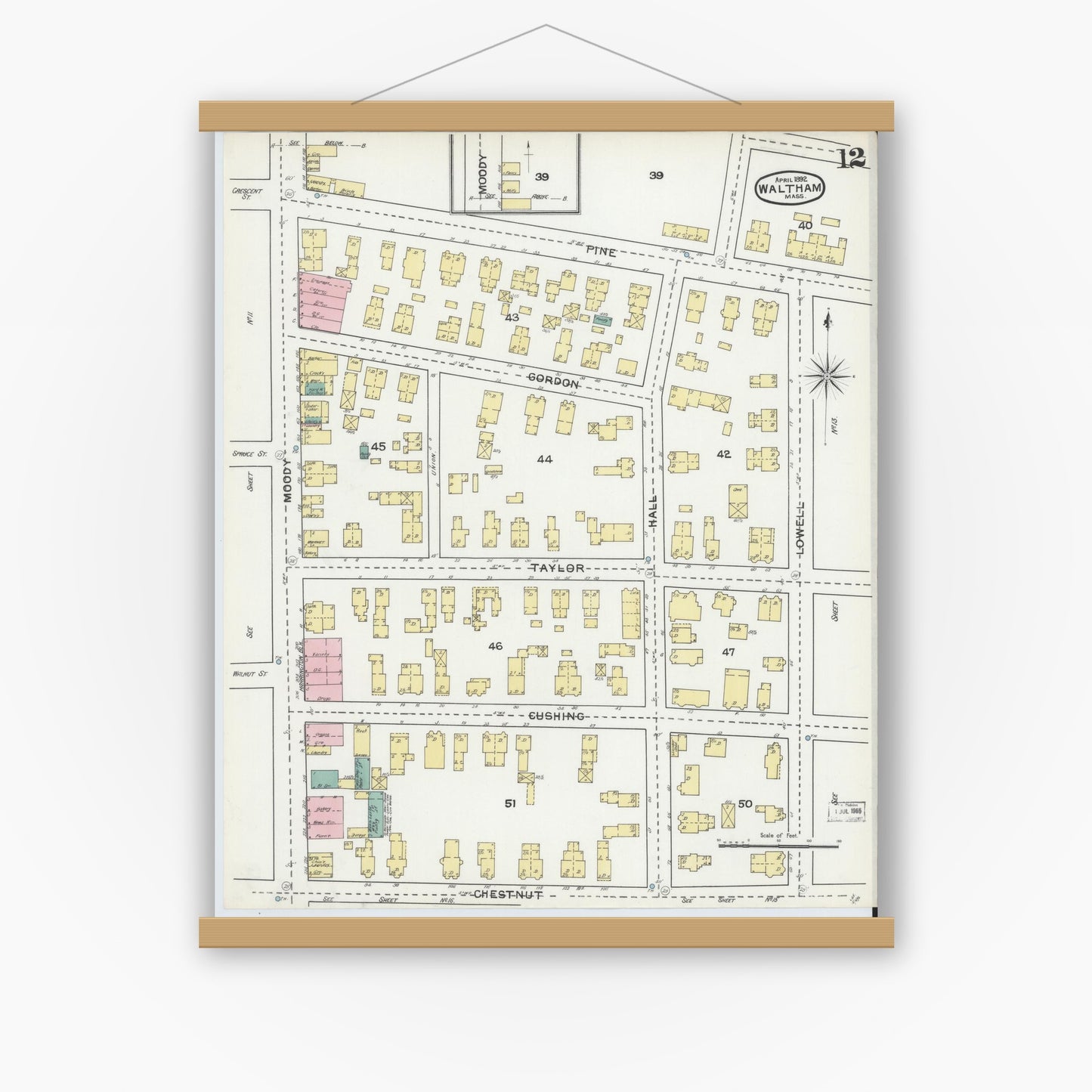 Old map wall art mockup — magnetic wood frame on white wall — Sanborn Fire Insurance Map from Waltham, Middlesex County, Massachusetts (1892), Sheet #0012