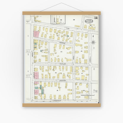 Old map wall art mockup — magnetic wood frame on white wall — Sanborn Fire Insurance Map from Waltham, Middlesex County, Massachusetts (1892), Sheet #0012