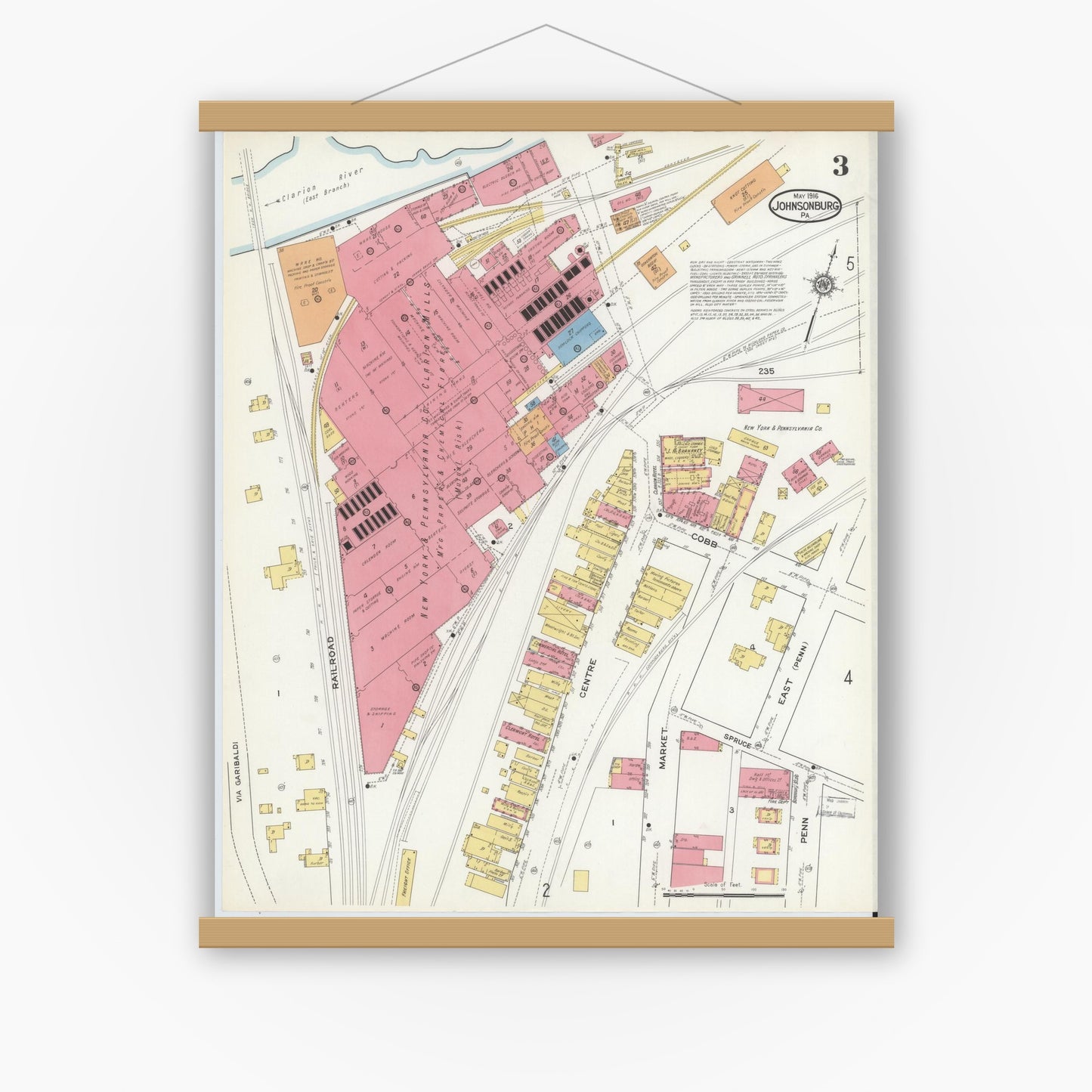 Old map wall art mockup — magnetic wood frame on white wall — Sanborn Fire Insurance Map from Johnsonburg, Elk County, Pennsylvania (1916), Sheet #0003