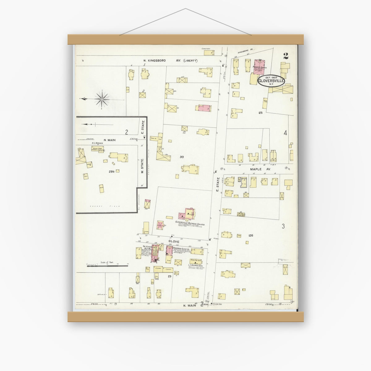 Old map wall art mockup — magnetic wood frame on white wall — Sanborn Fire Insurance Map from Gloversville, Fulton County, New York (1907) - Complete Map Set