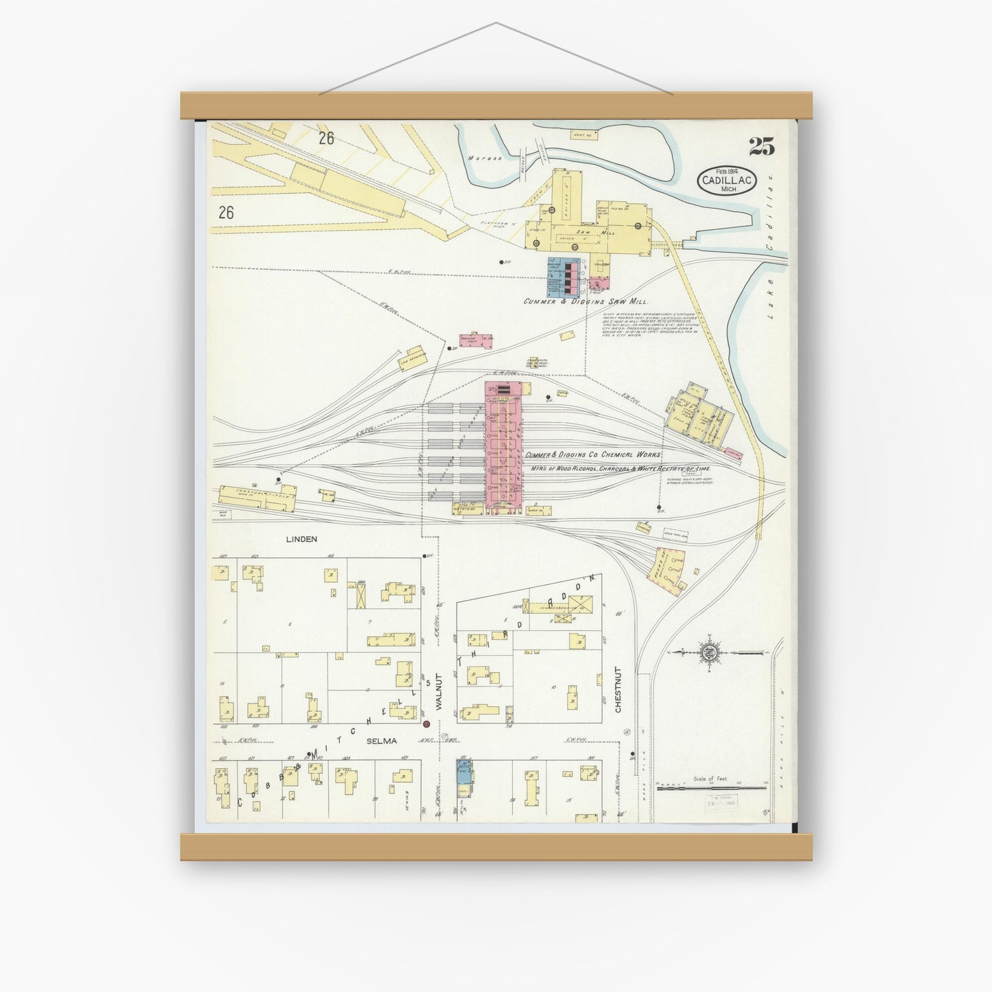Old map wall art mockup — magnetic wood frame on white wall — Sanborn Fire Insurance Map from Cadillac, Wexford County, Michigan (1914), Sheet #0025
