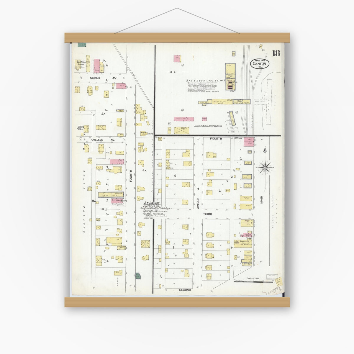 Old map wall art mockup — magnetic wood frame on white wall — Sanborn Fire Insurance Map from Canton, Fulton County, Illinois (1909), Sheet #0018