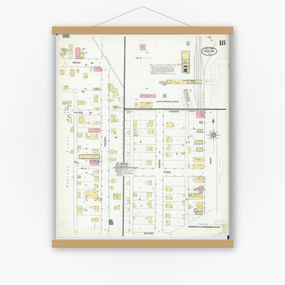 Old map wall art mockup — magnetic wood frame on white wall — Sanborn Fire Insurance Map from Canton, Fulton County, Illinois (1909), Sheet #0018