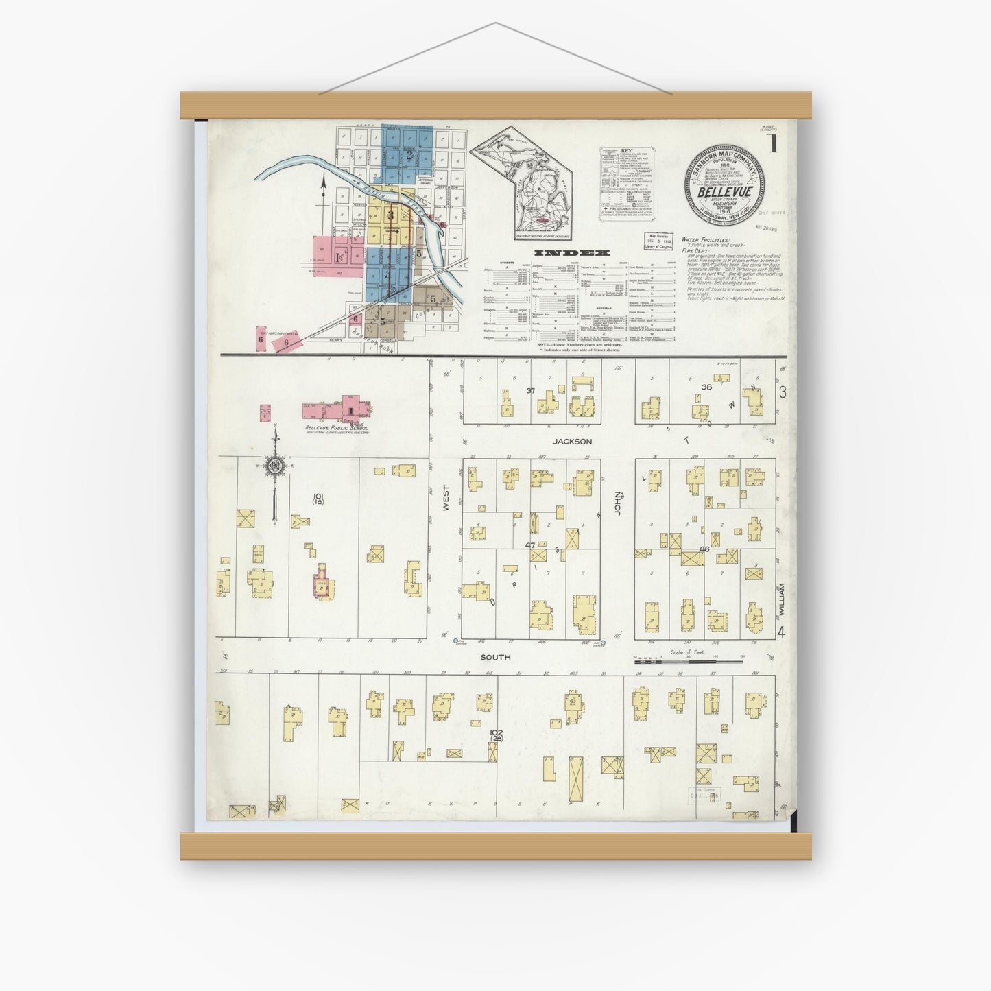 Old map wall art mockup — magnetic wood frame on white wall — Sanborn Fire Insurance Map from Bellevue, Eaton County, Michigan (1916) - Complete Map Set