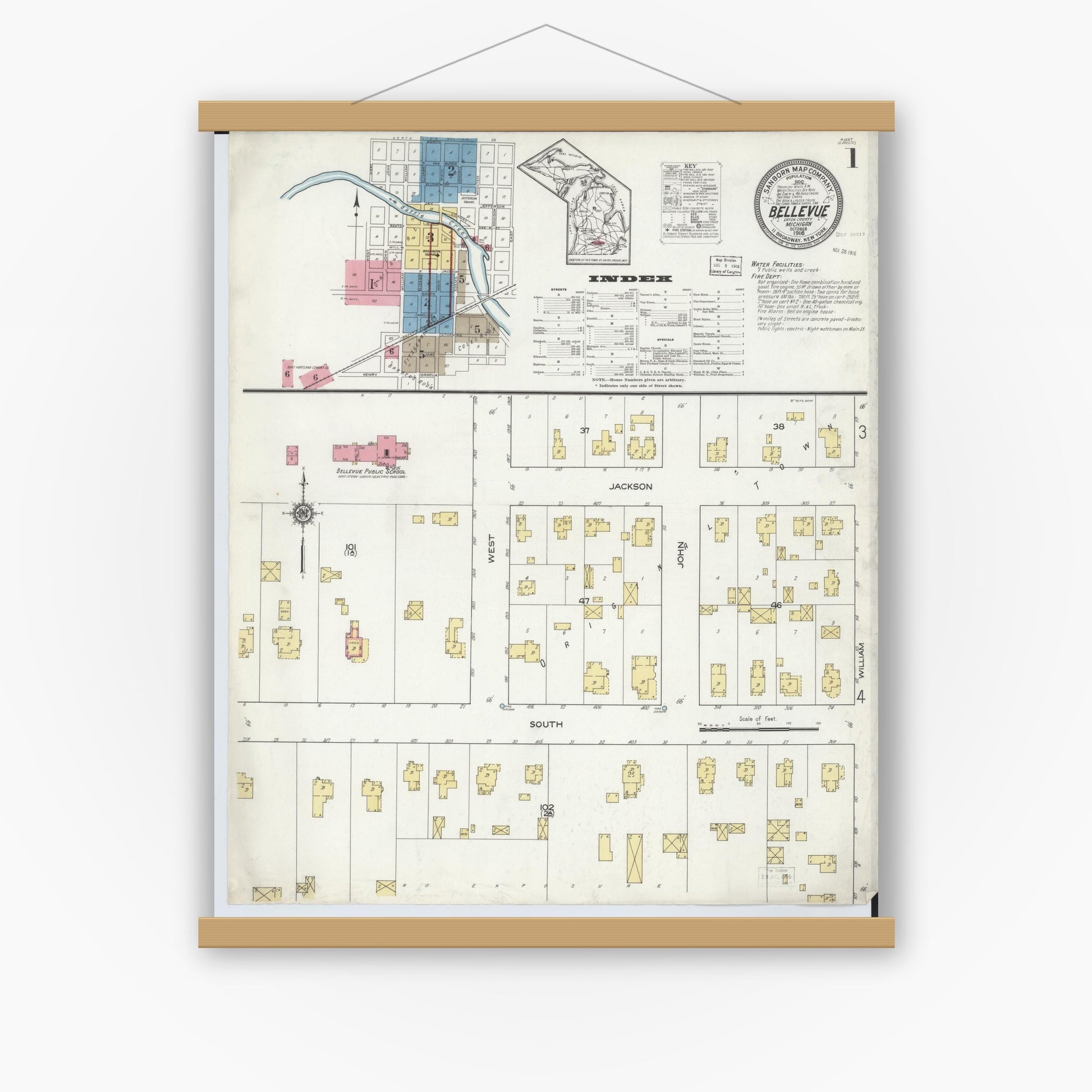 Old map wall art mockup — magnetic wood frame on white wall — Sanborn Fire Insurance Map from Bellevue, Eaton County, Michigan (1916) - Complete Map Set