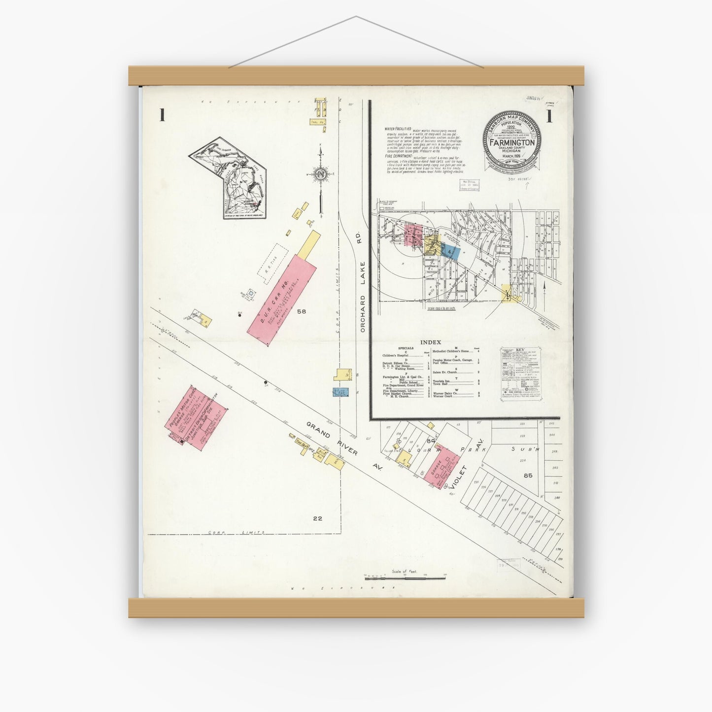 Old map wall art mockup — magnetic wood frame on white wall — Sanborn Fire Insurance Map from Farmington, Oakland County, Michigan (1926) - Complete Map Set