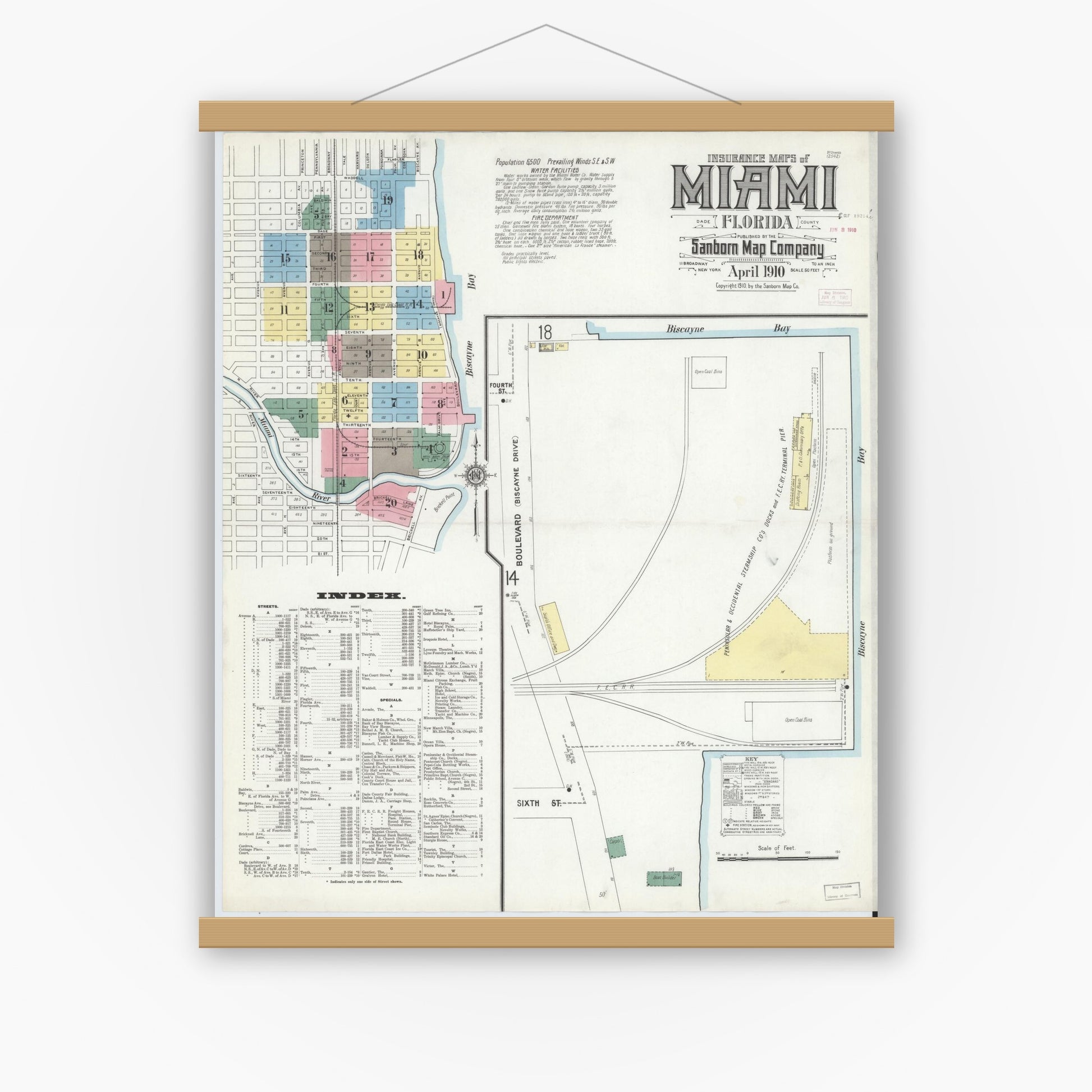 Old map wall art mockup — magnetic wood frame on white wall — Sanborn Fire Insurance Map from Miami, Dade County, Florida (1910) - Complete Map Set