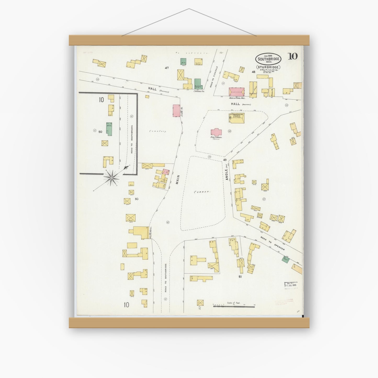 Old map wall art mockup — magnetic wood frame on white wall — Sanborn Fire Insurance Map from Southbridge, Worcester County, Massachusetts (1899), Sheet #0010