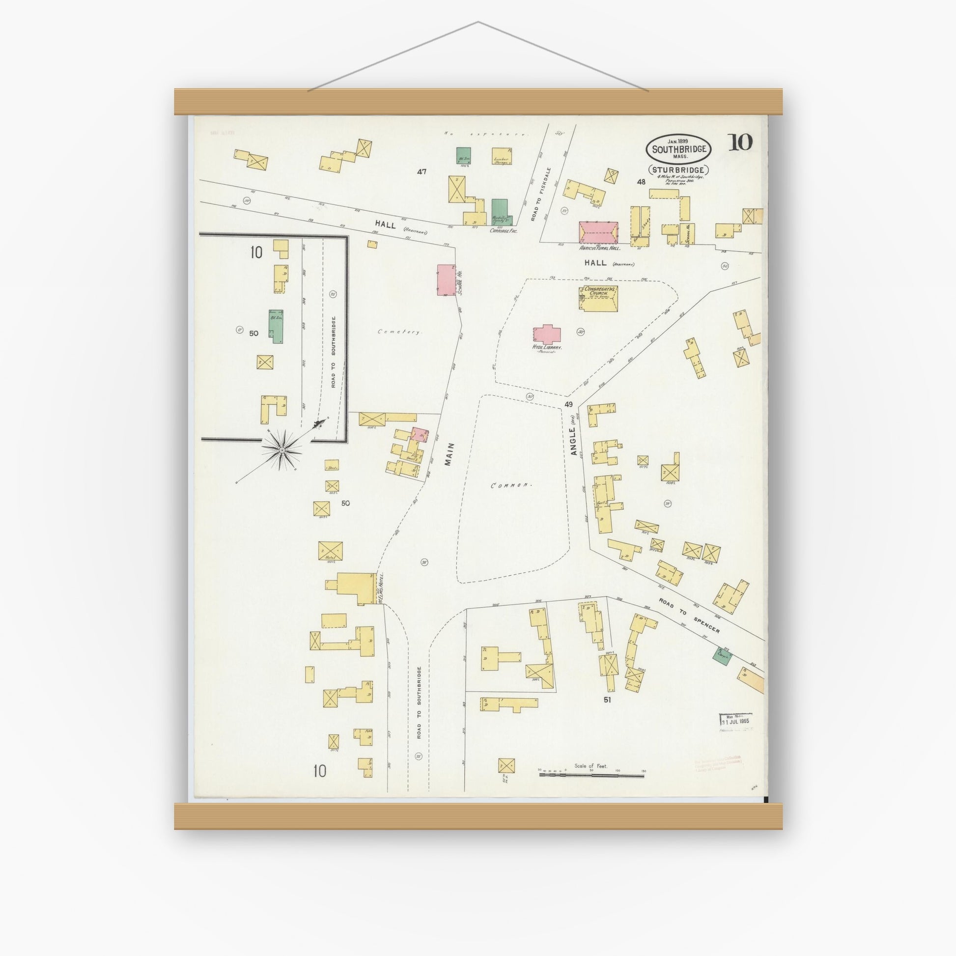 Old map wall art mockup — magnetic wood frame on white wall — Sanborn Fire Insurance Map from Southbridge, Worcester County, Massachusetts (1899), Sheet #0010