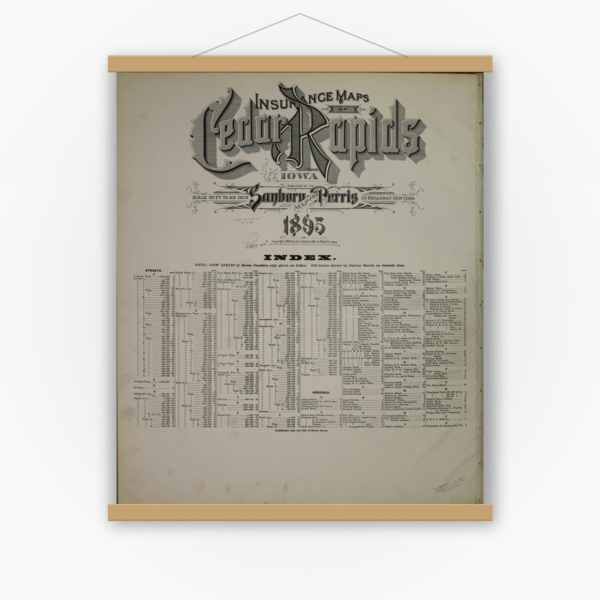 Old map wall art mockup — magnetic wood frame on white wall — Sanborn Fire Insurance Map from Cedar Rapids, Linn County, Iowa (1895), Sheet #0001