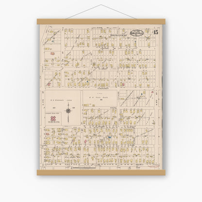 Old map wall art mockup — magnetic wood frame on white wall — Sanborn Fire Insurance Map from Noblesville, Hamilton County, Indiana (1922), Sheet #0015