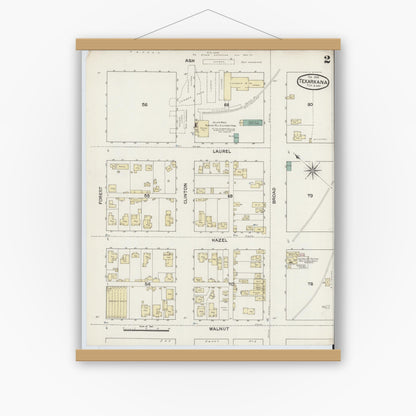 Old map wall art mockup — magnetic wood frame on white wall — Sanborn Fire Insurance Map from Texarkana, Bowie County, Texas (1888), Sheet #0002