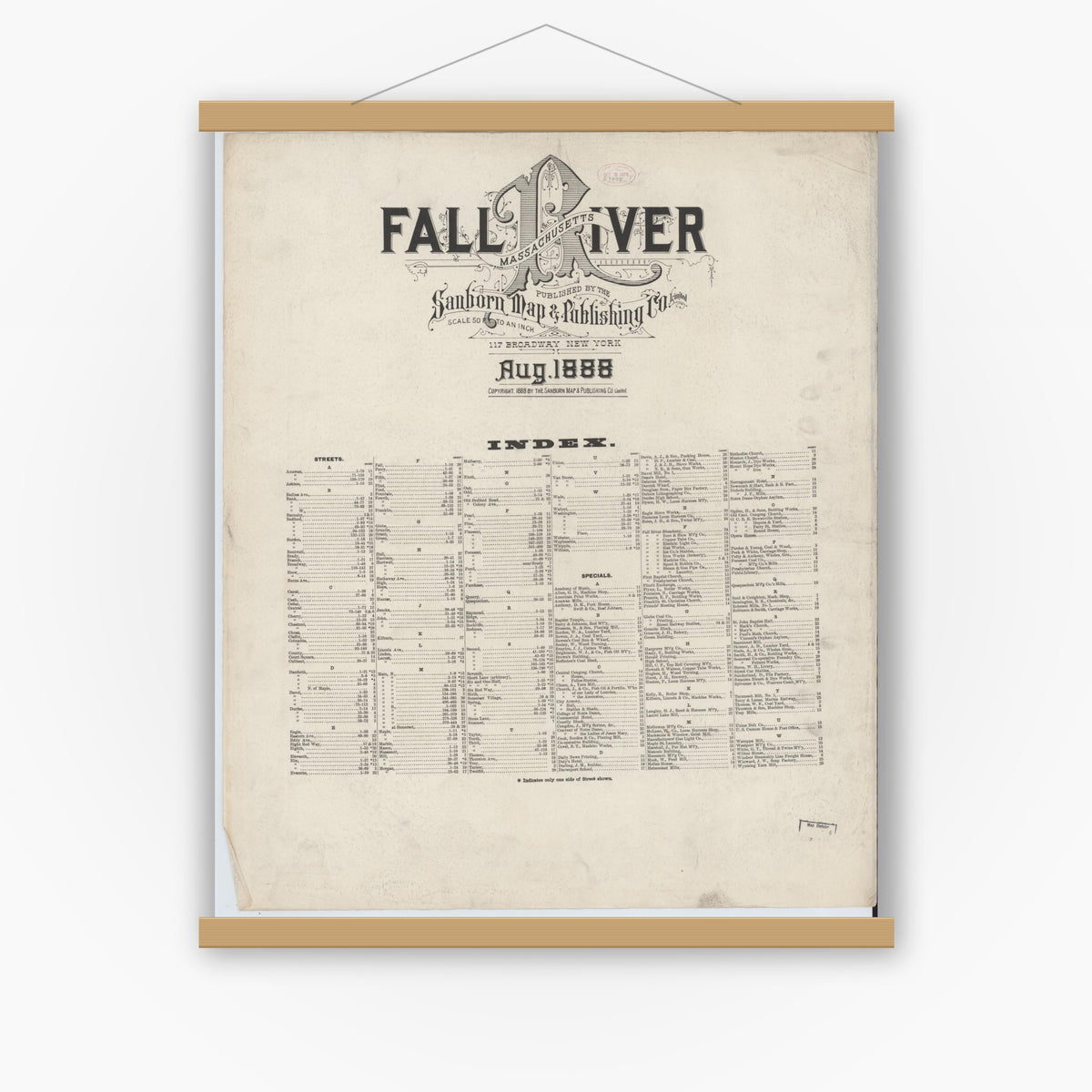 Old map wall art mockup — magnetic wood frame on white wall — Sanborn Fire Insurance Map from Fall River, Bristol County, Massachusetts (1888), Sheet #0001