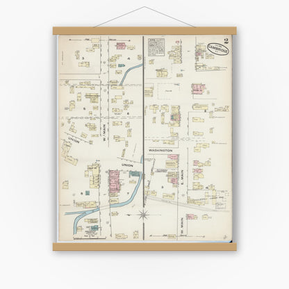 Old map wall art mockup — magnetic wood frame on white wall — Sanborn Fire Insurance Map from Cambridge, Washington County, New York (1884), Sheet #0002