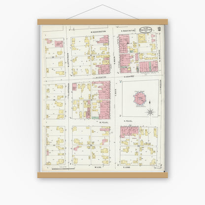 Old map wall art mockup — magnetic wood frame on white wall — Sanborn Fire Insurance Map from Rochester, Fulton County, Indiana (1895), Sheet #0002