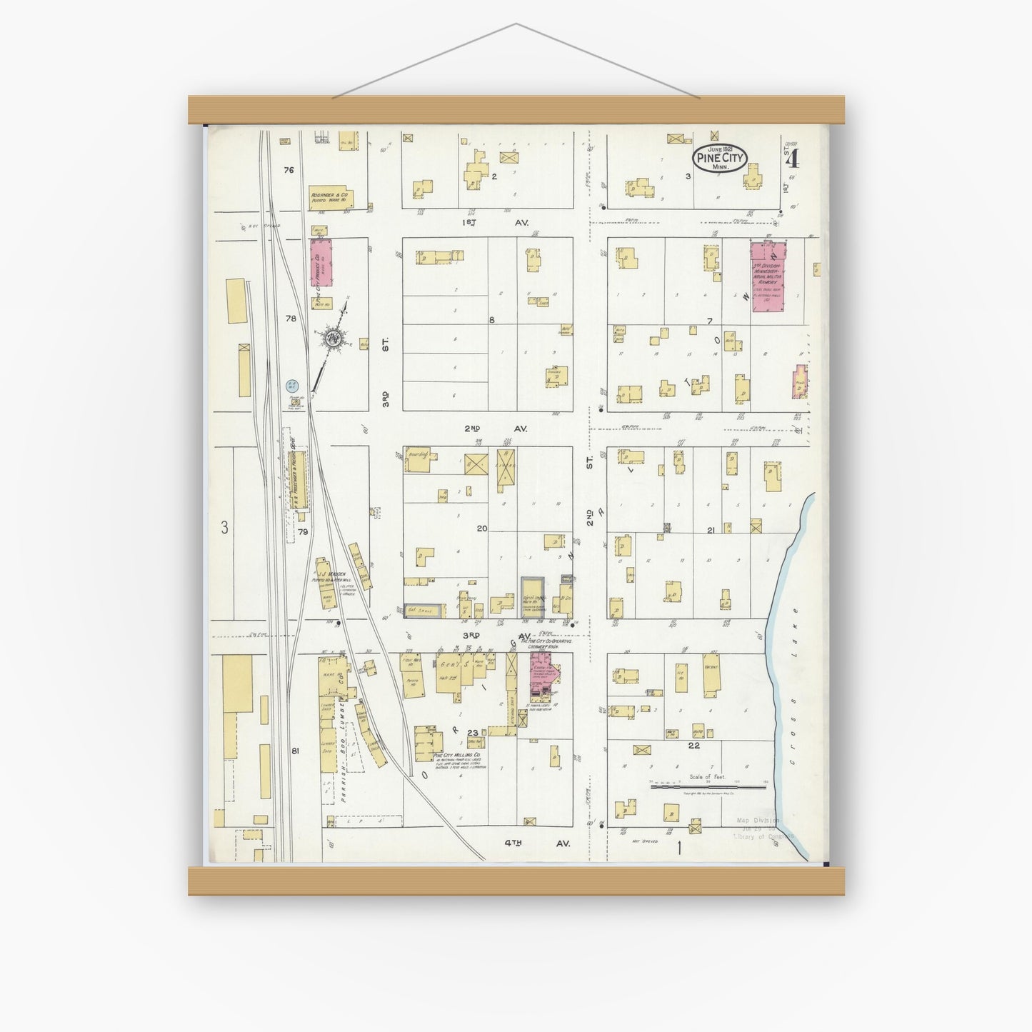 Old map wall art mockup — magnetic wood frame on white wall — Sanborn Fire Insurance Map from Pine City, Pine County, Minnesota (1921), Sheet #0004
