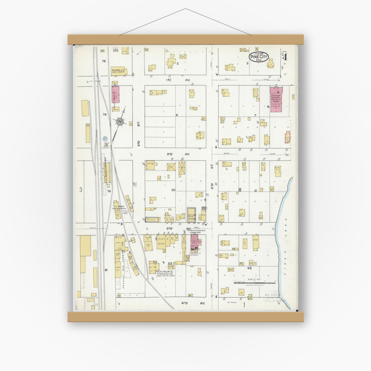 Old map wall art mockup — magnetic wood frame on white wall — Sanborn Fire Insurance Map from Pine City, Pine County, Minnesota (1921), Sheet #0004