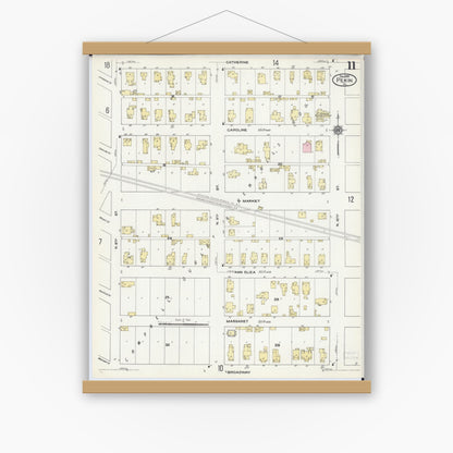Old map wall art mockup — magnetic wood frame on white wall — Sanborn Fire Insurance Map from Pekin, Tazewell County, Illinois (1909), Sheet #0011