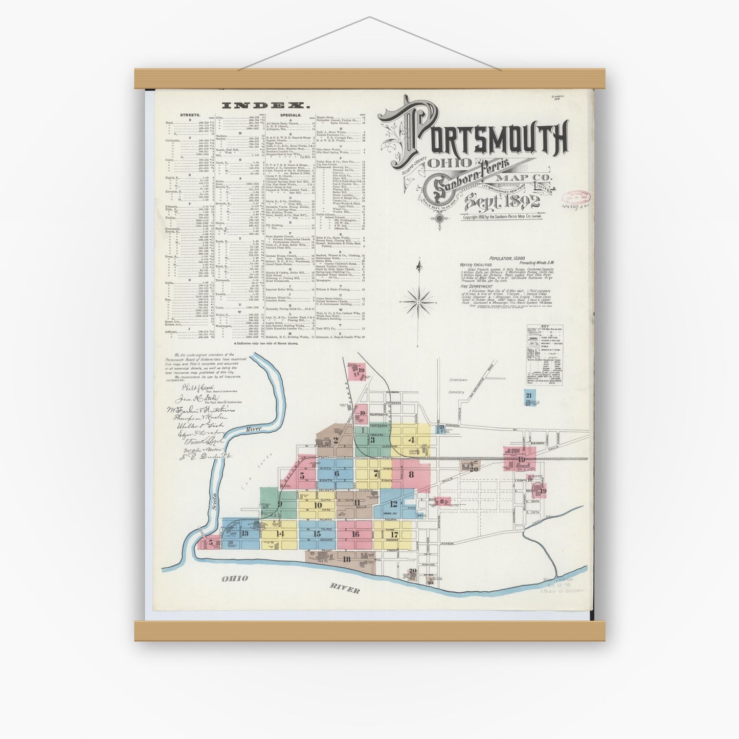 Old map wall art mockup — magnetic wood frame on white wall — Sanborn Fire Insurance Map from Portsmouth, Scioto County, Ohio (1892) - Complete Map Set