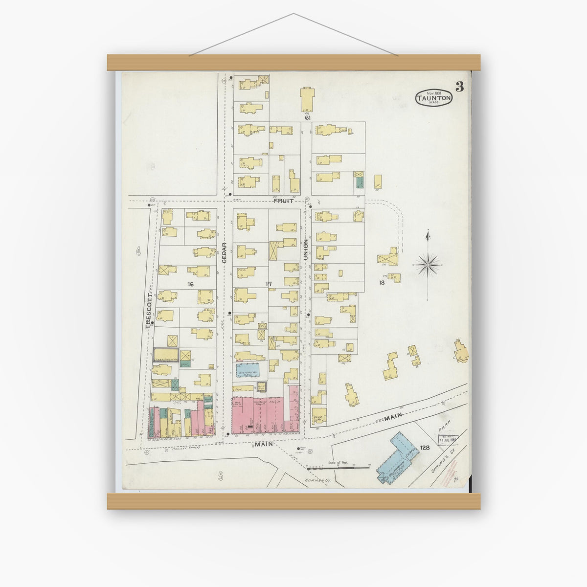 Old map wall art mockup — magnetic wood frame on white wall — Sanborn Fire Insurance Map from Taunton, Bristol County, Massachusetts (1893), Sheet #0003