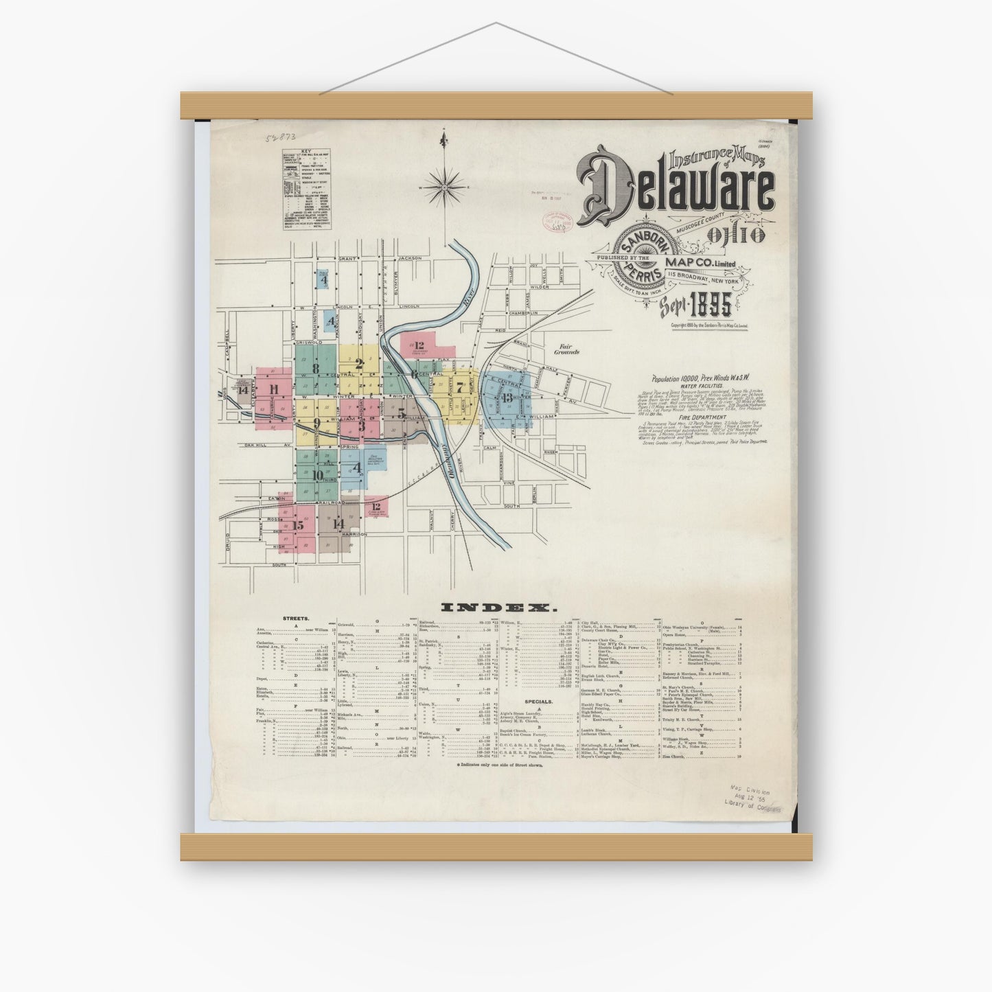 Old map wall art mockup — magnetic wood frame on white wall — Sanborn Fire Insurance Map from Delaware, Delaware County, Ohio (1895) - Complete Map Set