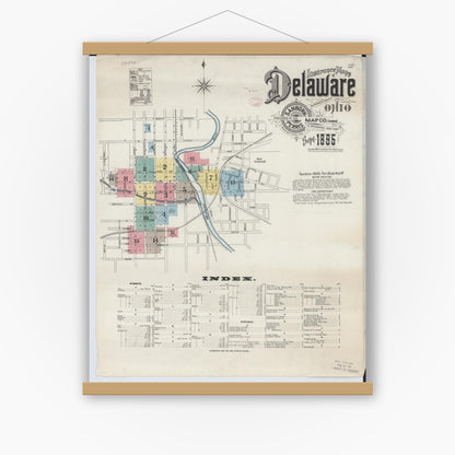 Old map wall art mockup — magnetic wood frame on white wall — Sanborn Fire Insurance Map from Delaware, Delaware County, Ohio (1895) - Complete Map Set
