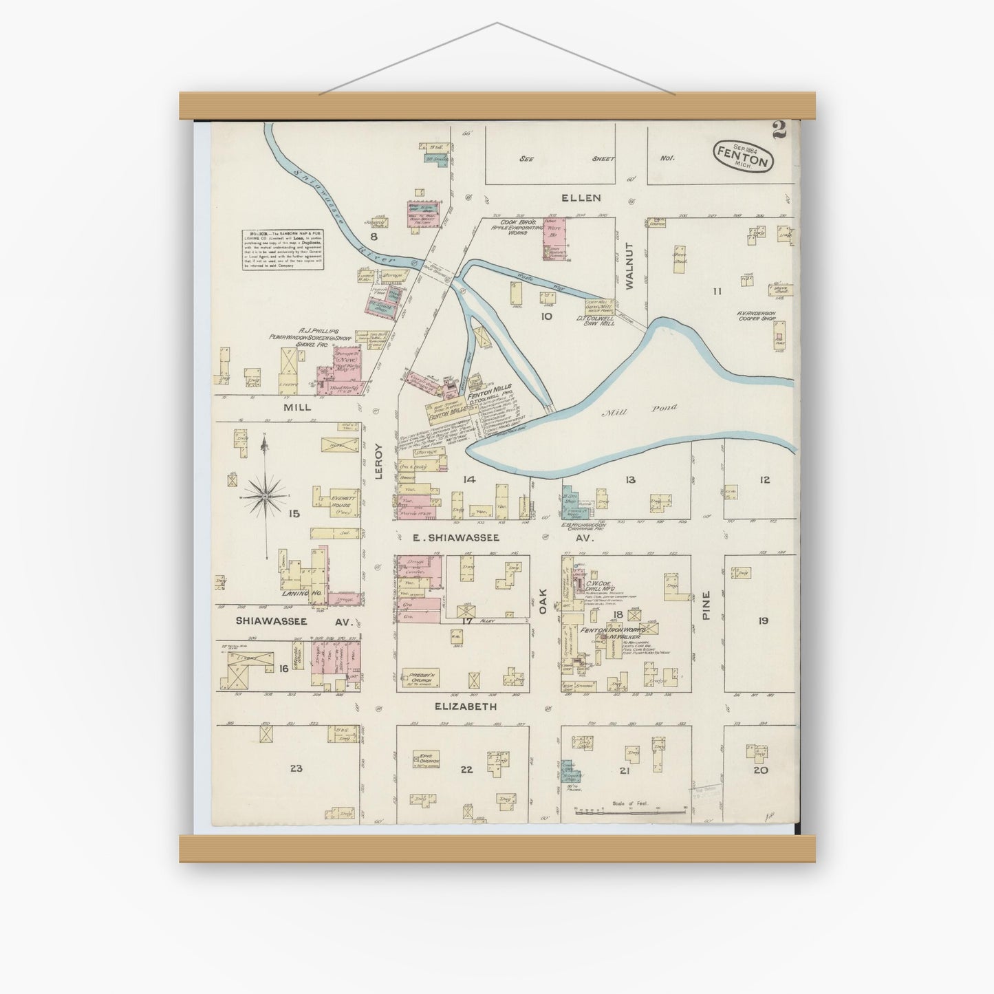 Old map wall art mockup — magnetic wood frame on white wall — Sanborn Fire Insurance Map from Fenton, Genesee County, Michigan (1884), Sheet #0002