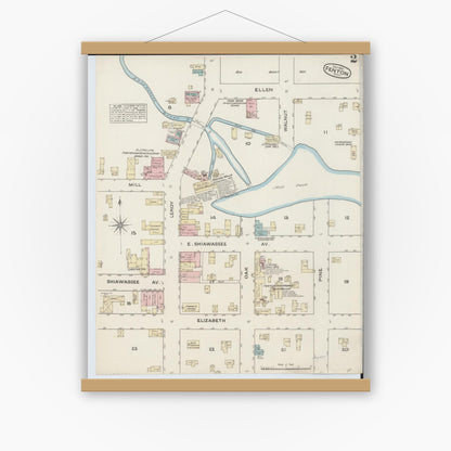 Old map wall art mockup — magnetic wood frame on white wall — Sanborn Fire Insurance Map from Fenton, Genesee County, Michigan (1884), Sheet #0002
