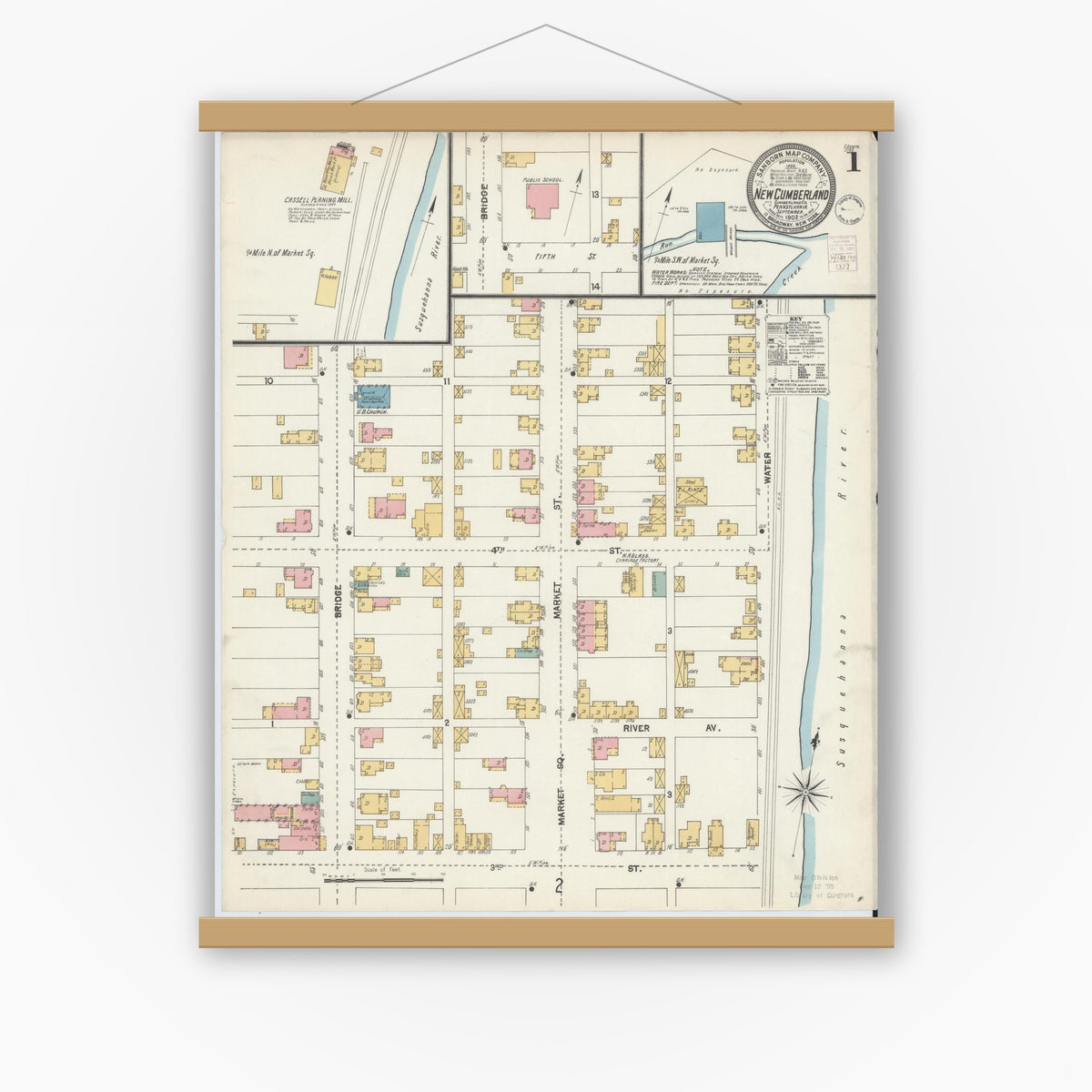 Old map wall art mockup — magnetic wood frame on white wall — Sanborn Fire Insurance Map from New Cumberland, Cumberland County, Pennsylvania (1902), Sheet #0001