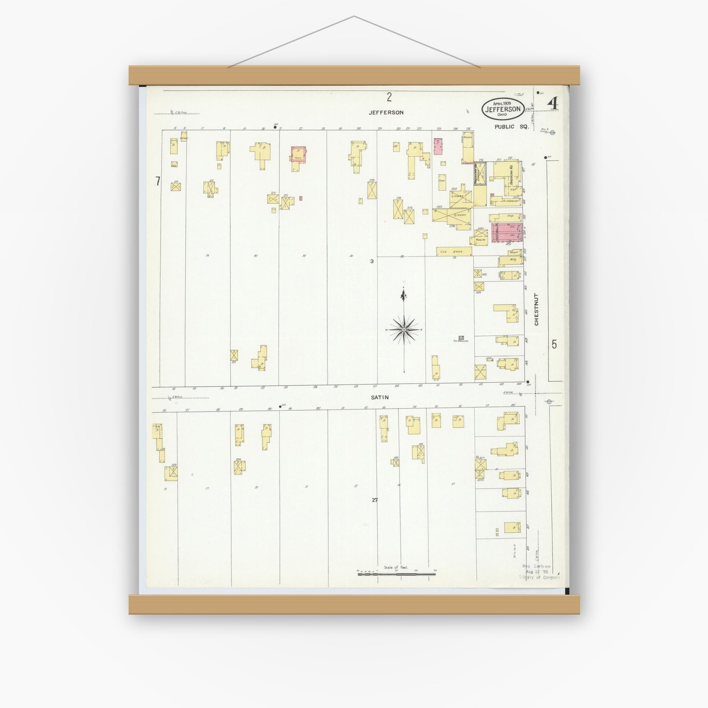 Old map wall art mockup — magnetic wood frame on white wall — Sanborn Fire Insurance Map from Jefferson, Ashtabula County, Ohio (1909), Sheet #0004
