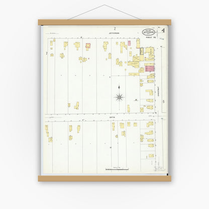 Old map wall art mockup — magnetic wood frame on white wall — Sanborn Fire Insurance Map from Jefferson, Ashtabula County, Ohio (1909), Sheet #0004