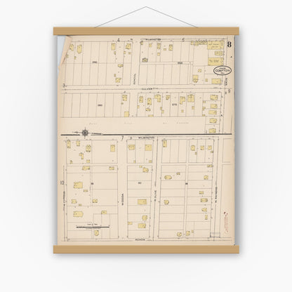 Old map wall art mockup — magnetic wood frame on white wall — Sanborn Fire Insurance Map from Compton, Los Angeles County, California (1922), Sheet #0008