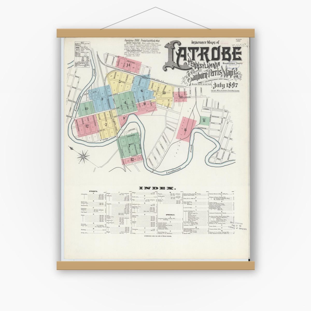 Old map wall art mockup — magnetic wood frame on white wall — Sanborn Fire Insurance Map from Latrobe, Westmoreland County, Pennsylvania (1897) - Complete Map Set