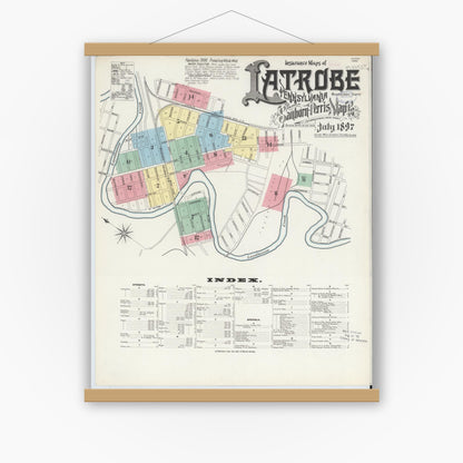 Old map wall art mockup — magnetic wood frame on white wall — Sanborn Fire Insurance Map from Latrobe, Westmoreland County, Pennsylvania (1897) - Complete Map Set