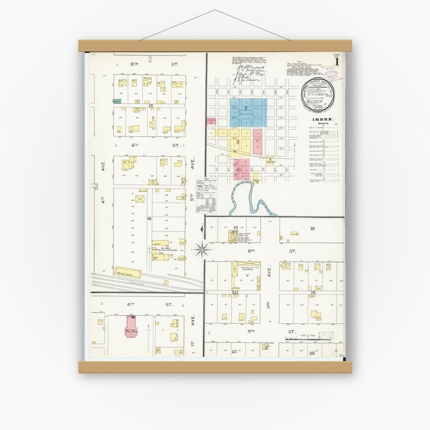 Old map wall art mockup — magnetic wood frame on white wall — Sanborn Fire Insurance Map from Villisca, Montgomery County, Iowa (1893) â€” Complete Set