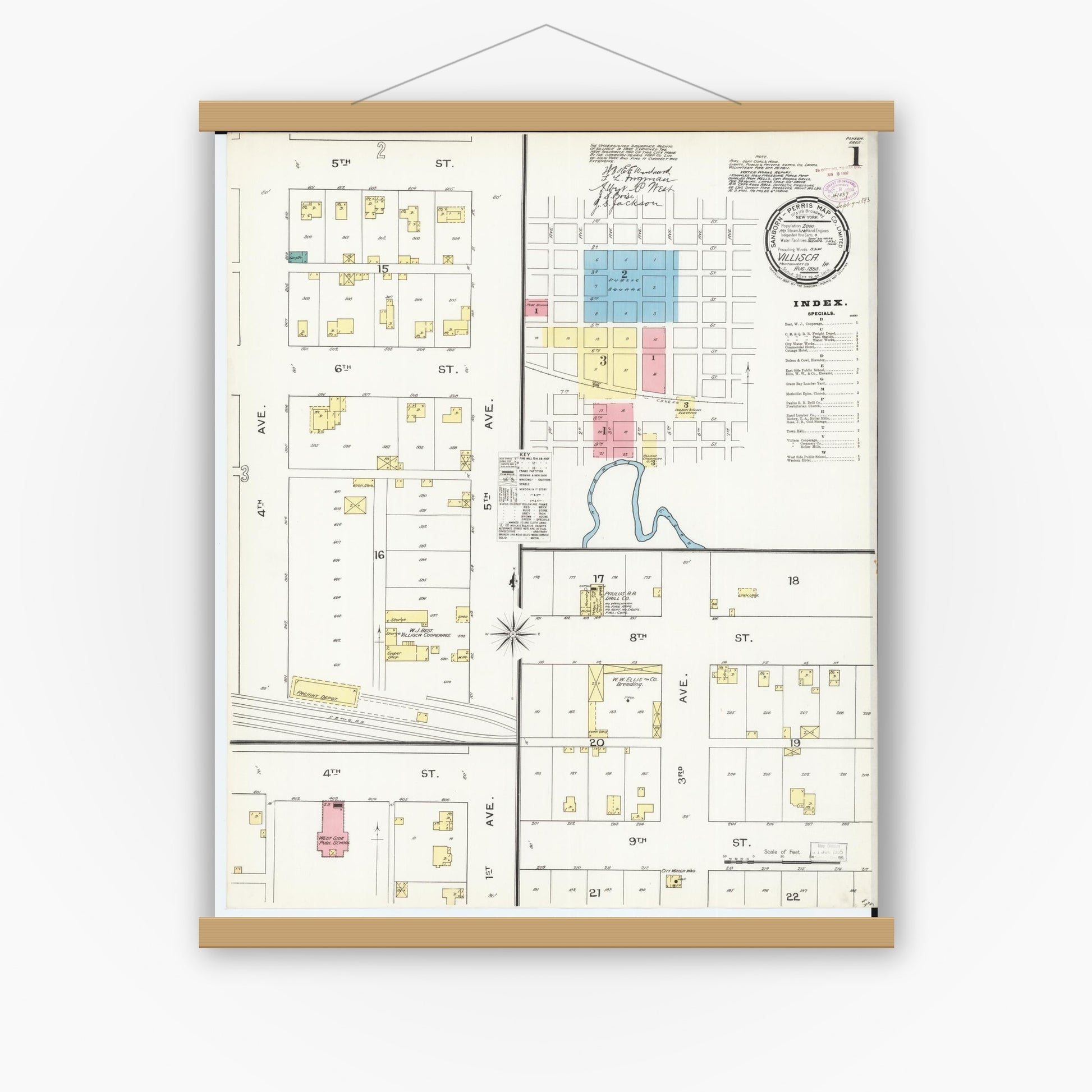 Old map wall art mockup — magnetic wood frame on white wall — Sanborn Fire Insurance Map from Villisca, Montgomery County, Iowa (1893) â€” Complete Set