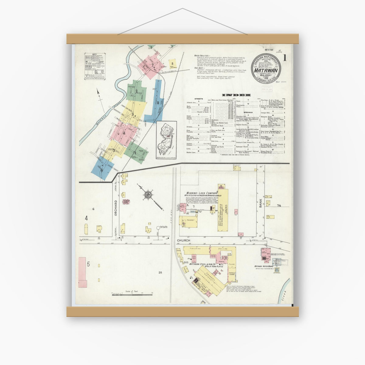 Old map wall art mockup — magnetic wood frame on white wall — Sanborn Fire Insurance Map from Matawan, Monmouth County, New Jersey (1914), Sheet #0001
