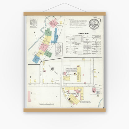 Old map wall art mockup — magnetic wood frame on white wall — Sanborn Fire Insurance Map from Matawan, Monmouth County, New Jersey (1914), Sheet #0001