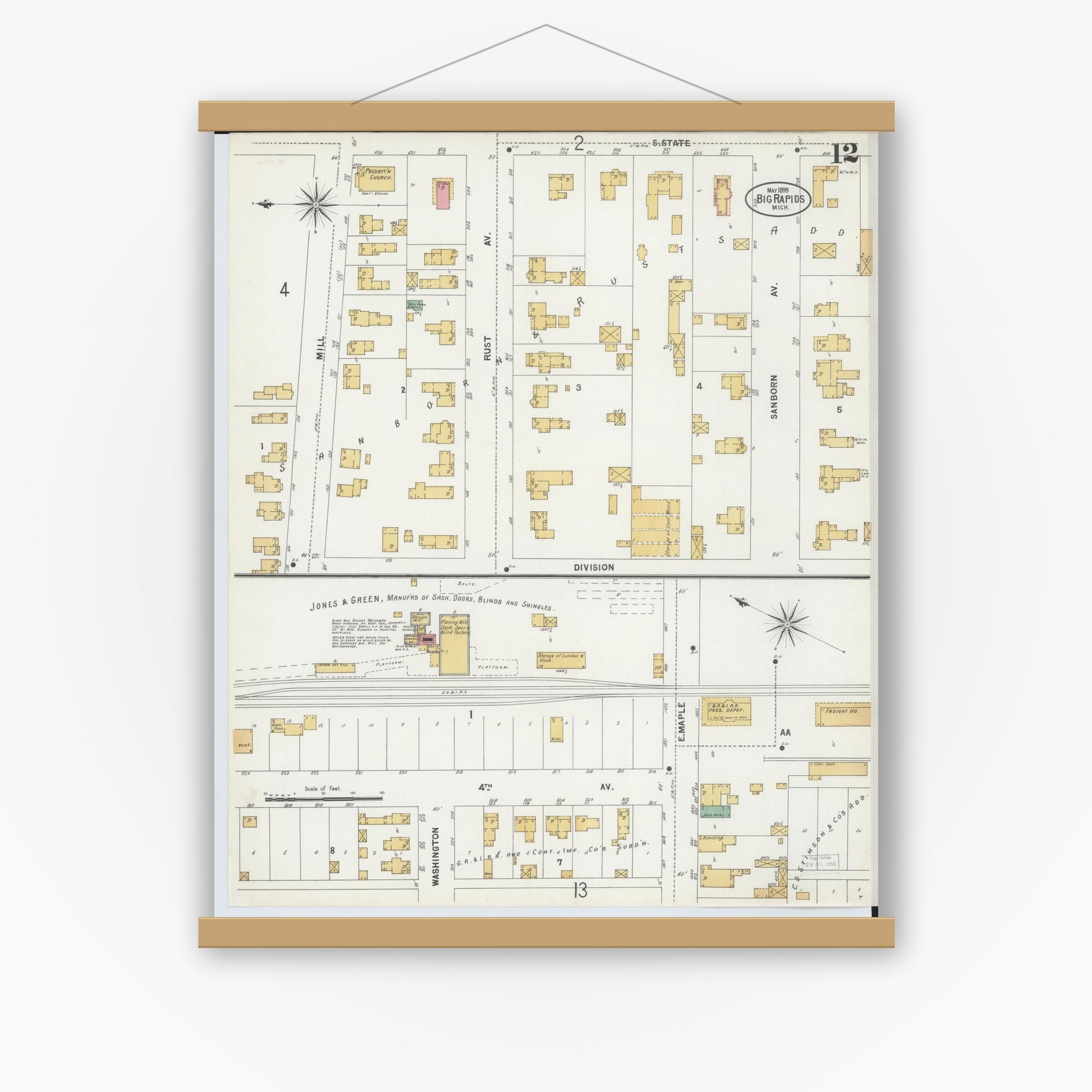 Old map wall art mockup — magnetic wood frame on white wall — Sanborn Fire Insurance Map from Big Rapids, Mecosta County, Michigan (1899), Sheet #0012