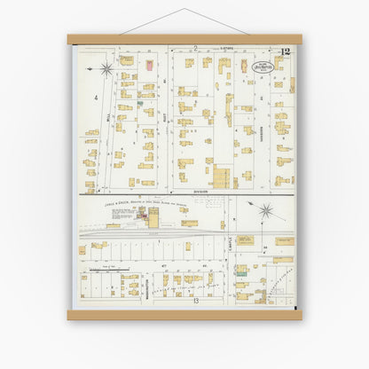 Old map wall art mockup — magnetic wood frame on white wall — Sanborn Fire Insurance Map from Big Rapids, Mecosta County, Michigan (1899), Sheet #0012