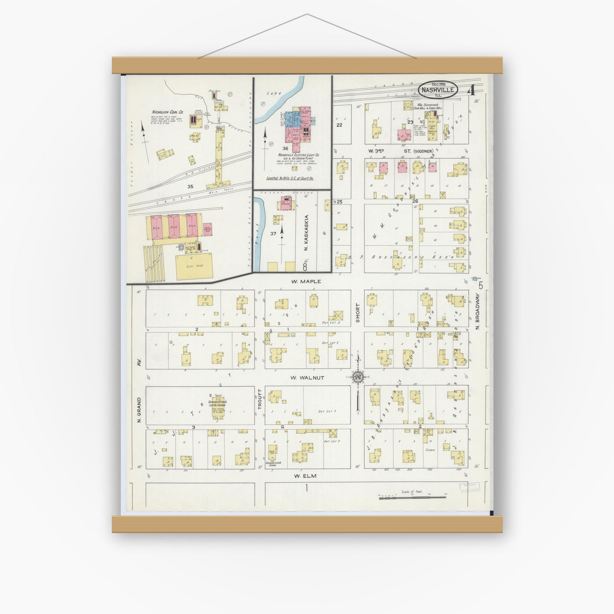 Old map wall art mockup — magnetic wood frame on white wall — Sanborn Fire Insurance Map from Nashville, Washington County, Illinois (1915), Sheet #0004