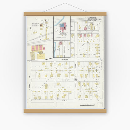 Old map wall art mockup — magnetic wood frame on white wall — Sanborn Fire Insurance Map from Nashville, Washington County, Illinois (1915), Sheet #0004